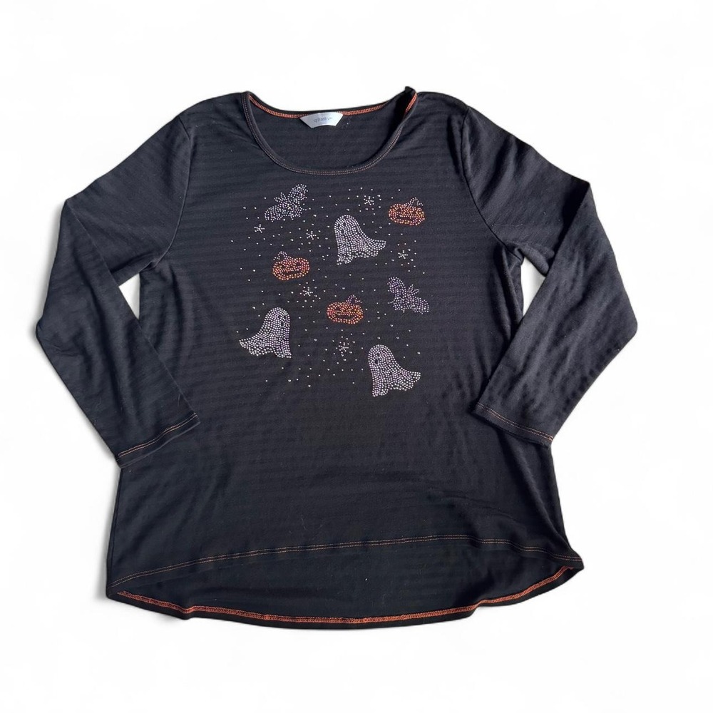 Grandma core Black Long Sleeve Halloween Embellished Shirt